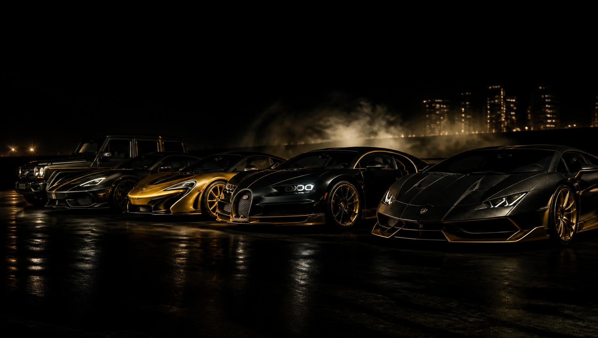 Lineup of supercars under warm gold light at night